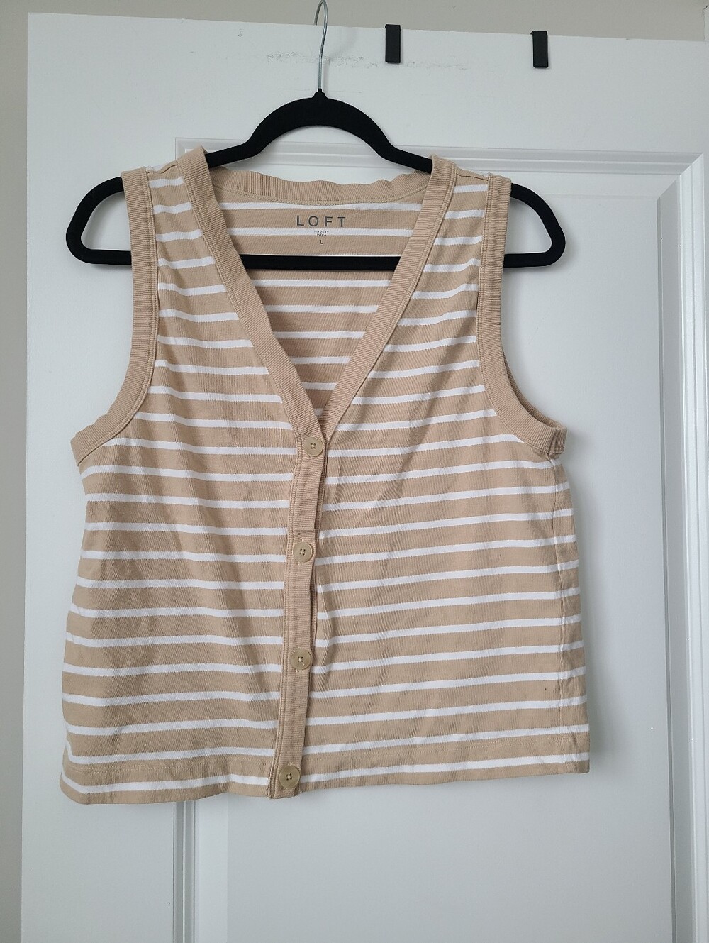 Loft White And Tan Striped Button Down Tank Vest Top